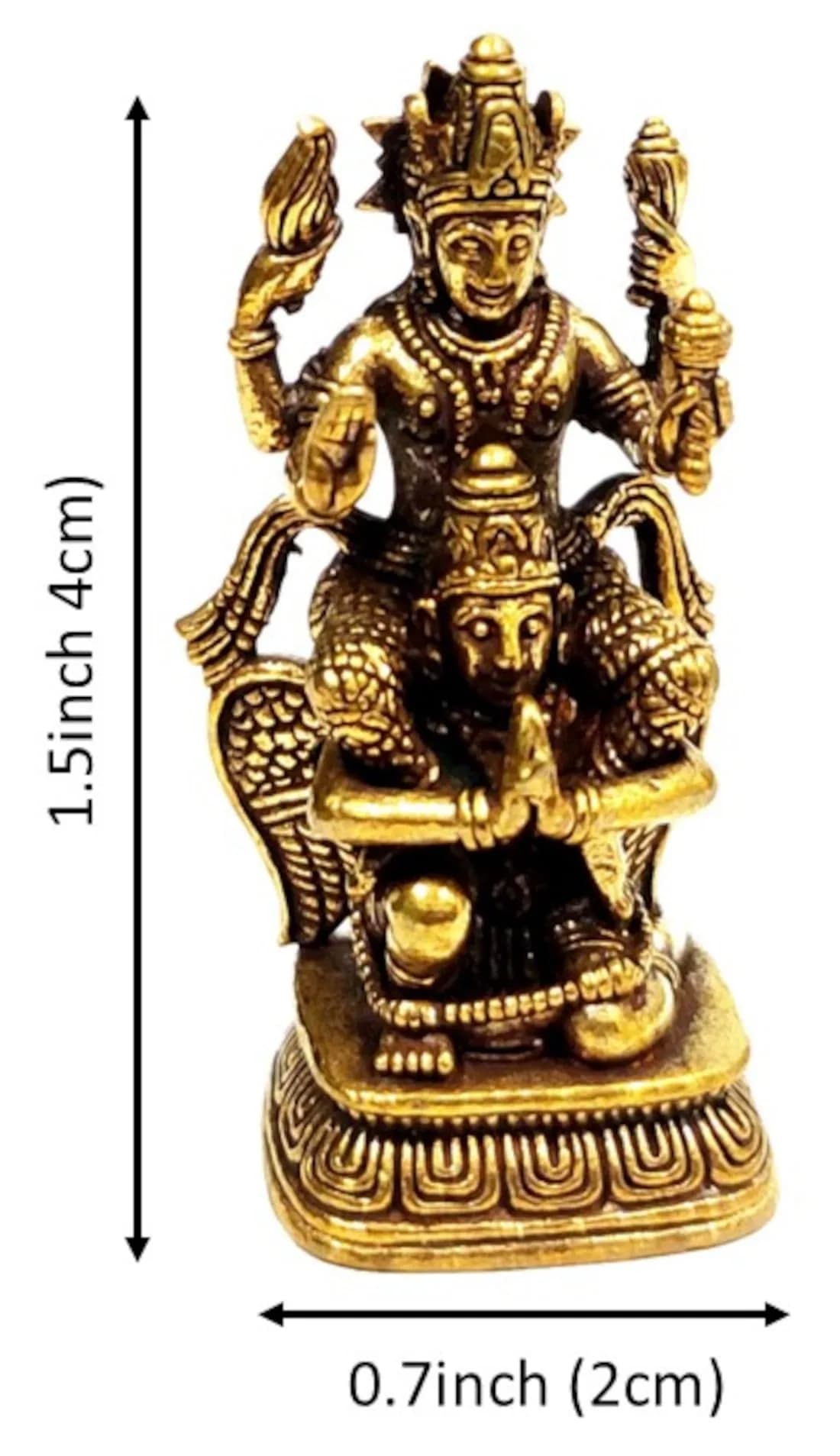 Purpledip Miniature Brass Idol Vishnu with Garuda 3.7cm (1.5 inches) | Collectible Hindu Deity Statue - view 6