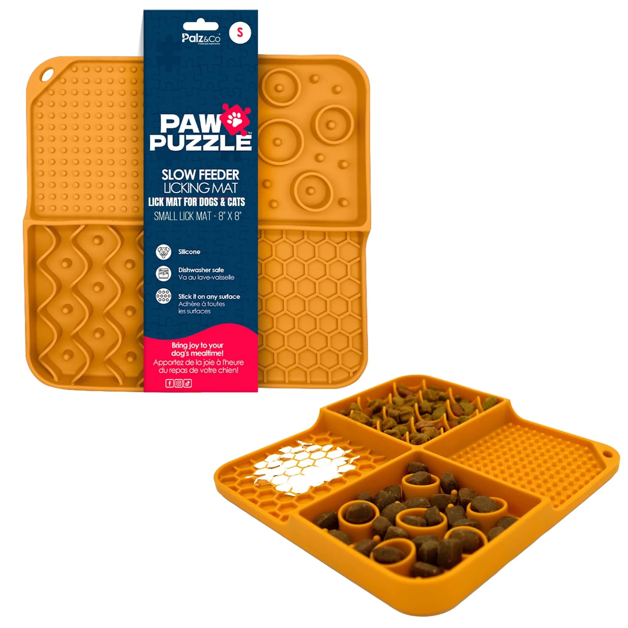 Palz&Co Paw Puzzle 2-in-1 Slow Feeder & Lick Mat for Dogs and Cats | Dishwasher Safe Silicone, Small 8"x8" in Orange