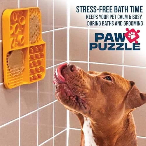 Palz&Co Paw Puzzle 2-in-1 Slow Feeder & Lick Mat for Dogs and Cats | Dishwasher Safe Silicone, Small 8"x8" in Orange thumbnail 5