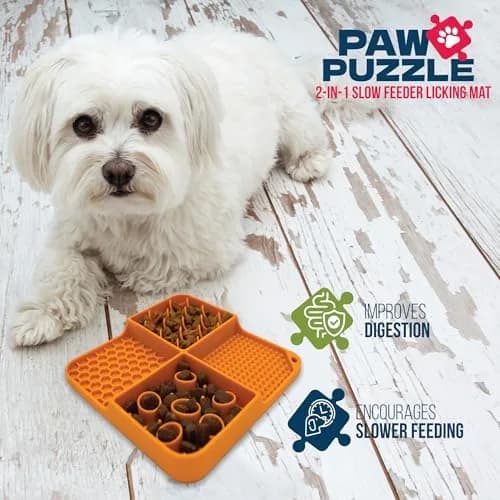 Palz&Co Paw Puzzle 2-in-1 Slow Feeder & Lick Mat for Dogs and Cats | Dishwasher Safe Silicone, Small 8"x8" in Orange thumbnail 2