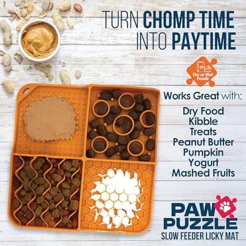 Palz&Co Paw Puzzle 2-in-1 Slow Feeder & Lick Mat for Dogs and Cats | Dishwasher Safe Silicone, Small 8"x8" in Orange thumbnail 3