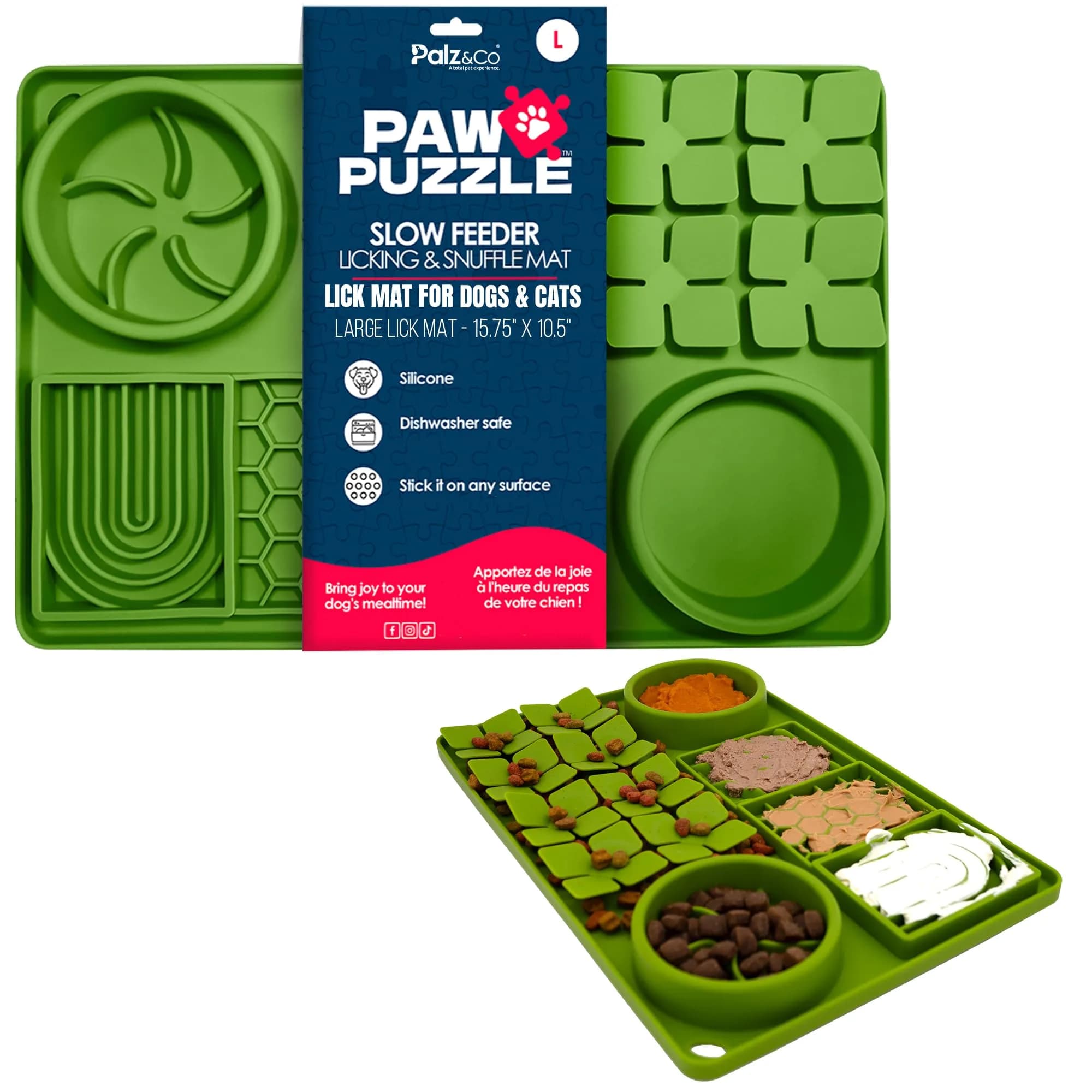Palz&Co Paw Puzzle 2-in-1 Slow Feeder & Lick Mat - Large 15.75"x10.5" Green Non-Slip Silicone Mat for Dogs & Cats