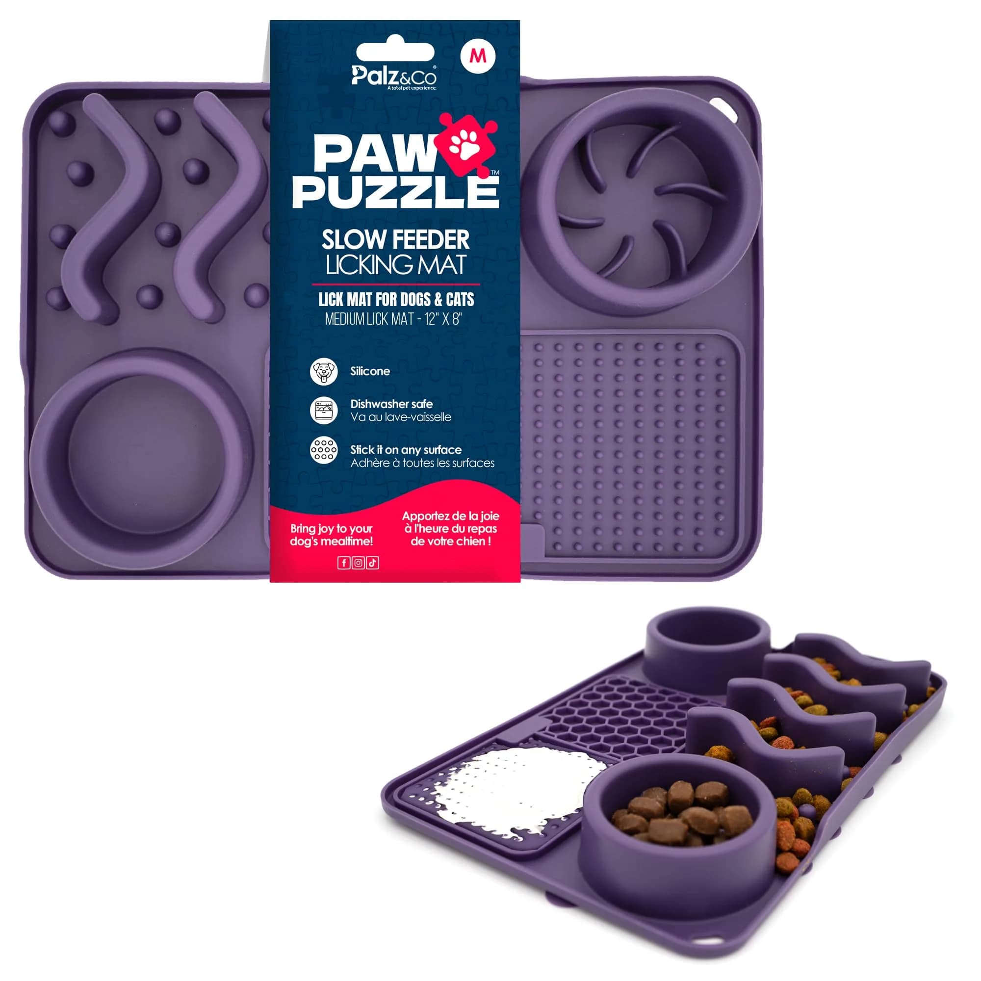 Palz&Co Paw Puzzle 2-in-1 Slow Feeder & Lick Mat for Dogs and Cats | Dishwasher Safe Silicone, Medium 12"x8", Purple