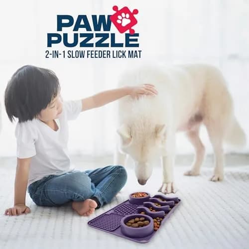 Palz&Co Paw Puzzle 2-in-1 Slow Feeder & Lick Mat for Dogs and Cats | Dishwasher Safe Silicone, Medium 12"x8", Purple thumbnail 3