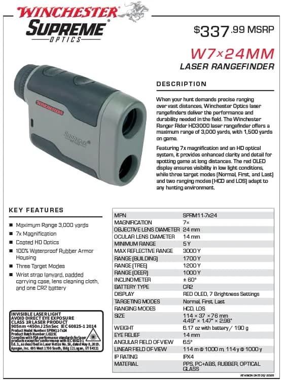 Winchester Rangefinder 7x24mm | 1700 yd | Waterproof & Fogproof | 3 Target Modes thumbnail 6