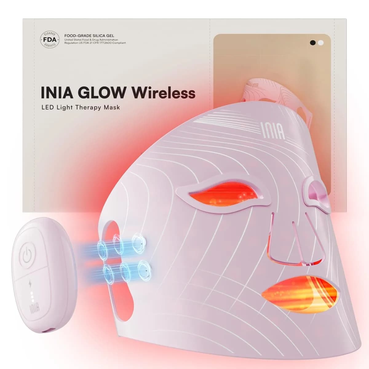 INIA GLOW Wireless Red Light Therapy Mask for Face, 850nm NIR, 272 LEDs | Cordless, Portable, 3 Modes, 105mW/cm² — Pink