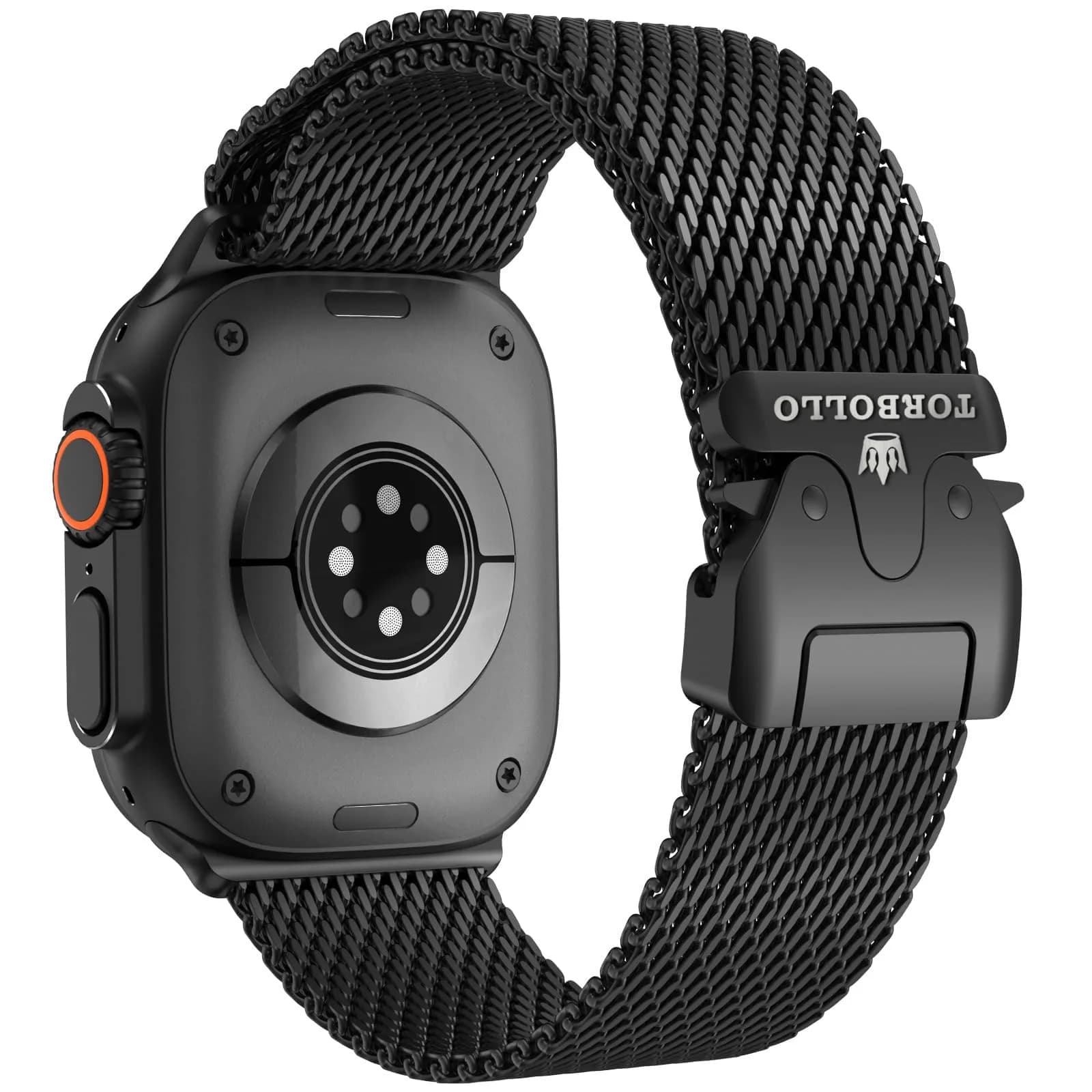 torbollo Compatible with Apple Watch Band for Men, Milanese Mesh Loop 49mm/45mm/44mm/42mm | Parachute Buckle, Stainless Steel Mesh — Black