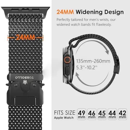 torbollo Compatible with Apple Watch Band for Men, Milanese Mesh Loop 49mm/45mm/44mm/42mm | Parachute Buckle, Stainless Steel Mesh thumbnail 5