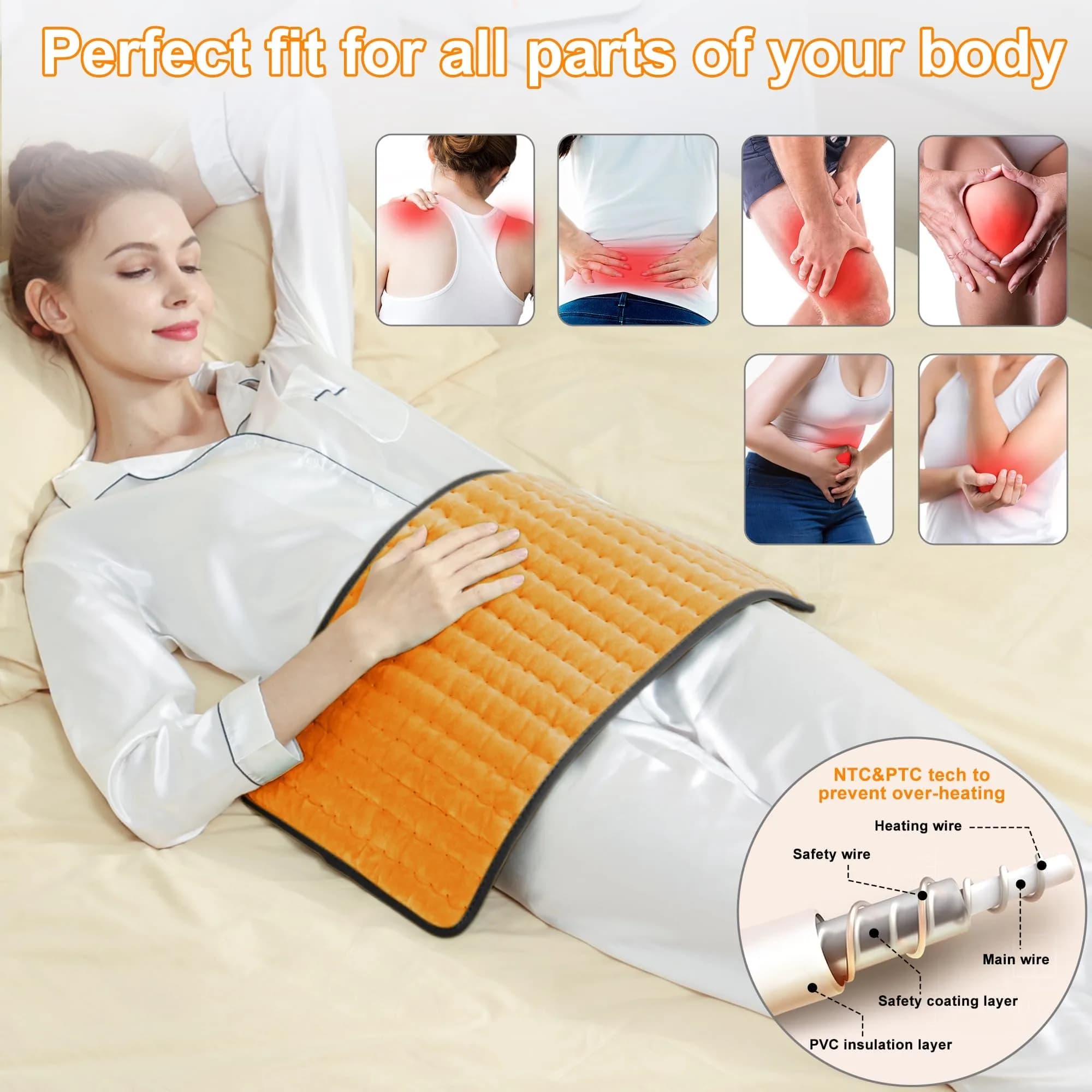 Deepsoon Orange Black Electric Heating Pad for Back, Neck, Abdomen, Legs (24x12 Inch) | Soft Flannel Cover with 6 Heat Settings & Timer - view 2
