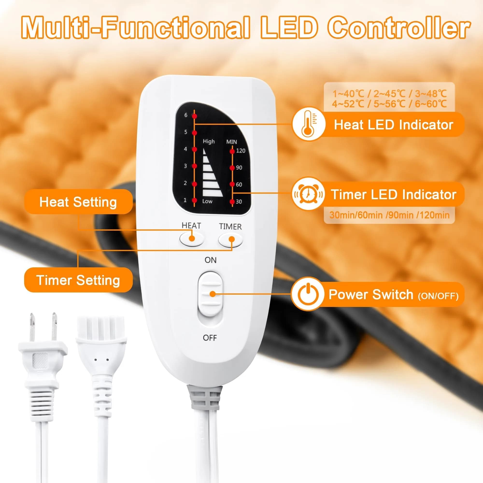 Deepsoon Orange Black Electric Heating Pad for Back, Neck, Abdomen, Legs (24x12 Inch) | Soft Flannel Cover with 6 Heat Settings & Timer - view 4