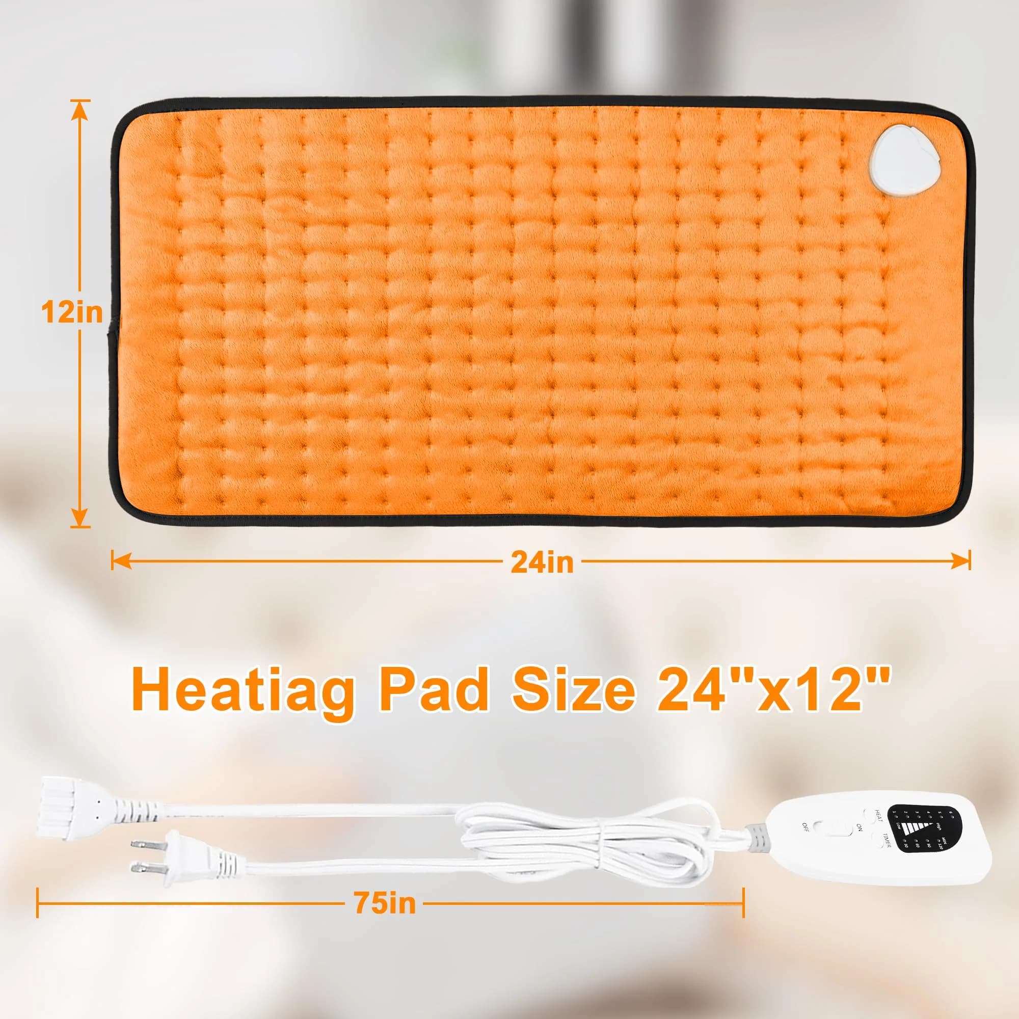 Deepsoon Orange Black Electric Heating Pad for Back, Neck, Abdomen, Legs (24x12 Inch) | Soft Flannel Cover with 6 Heat Settings & Timer - view 5