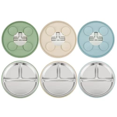 PandaEar Baby Suction Plates 3 Pack | Stainless Steel Divided Toddler Plate for Baby Led Weaning, Non-Slip, Dishwasher Safe (Blue/Green/Brown) thumbnail 1