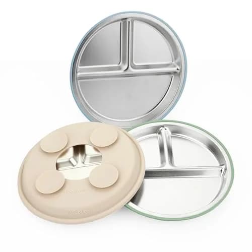 PandaEar Baby Suction Plates 3 Pack | Stainless Steel Divided Toddler Plate for Baby Led Weaning, Non-Slip, Dishwasher Safe (Blue/Green/Brown) thumbnail 5