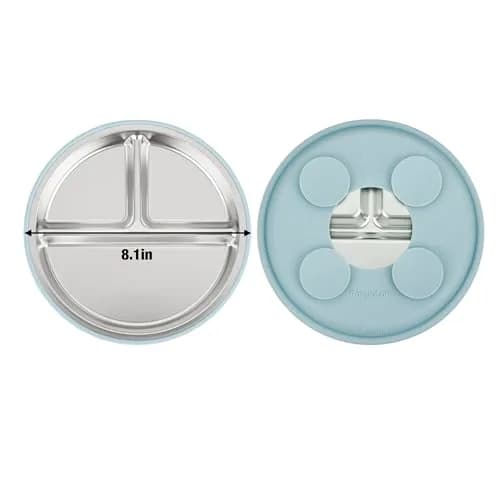 PandaEar Baby Suction Plates 3 Pack | Stainless Steel Divided Toddler Plate for Baby Led Weaning, Non-Slip, Dishwasher Safe (Blue/Green/Brown) thumbnail 6
