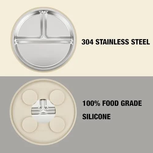 PandaEar Baby Suction Plates 3 Pack | Stainless Steel Divided Toddler Plate for Baby Led Weaning, Non-Slip, Dishwasher Safe (Blue/Green/Brown) thumbnail 3