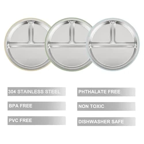 PandaEar Baby Suction Plates 3 Pack | Stainless Steel Divided Toddler Plate for Baby Led Weaning, Non-Slip, Dishwasher Safe (Blue/Green/Brown) thumbnail 4