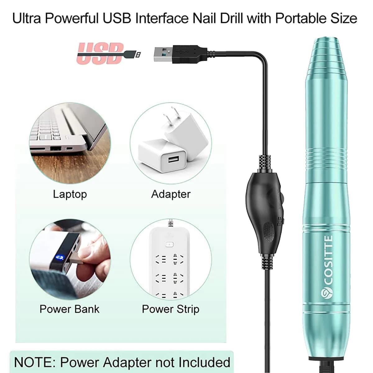 COSITTE Green Electric Nail Drill Machine with USB, Portable Efile Nail File for Acrylic Gel Polish, Home Salon Use - view 2