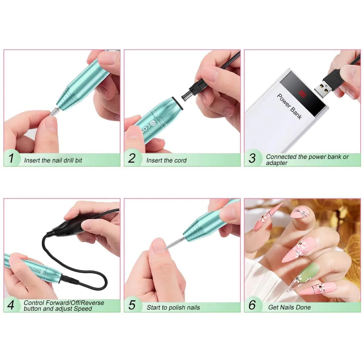 COSITTE Green Electric Nail Drill Machine with USB, Portable Efile Nail File for Acrylic Gel Polish, Home Salon Use - view 5