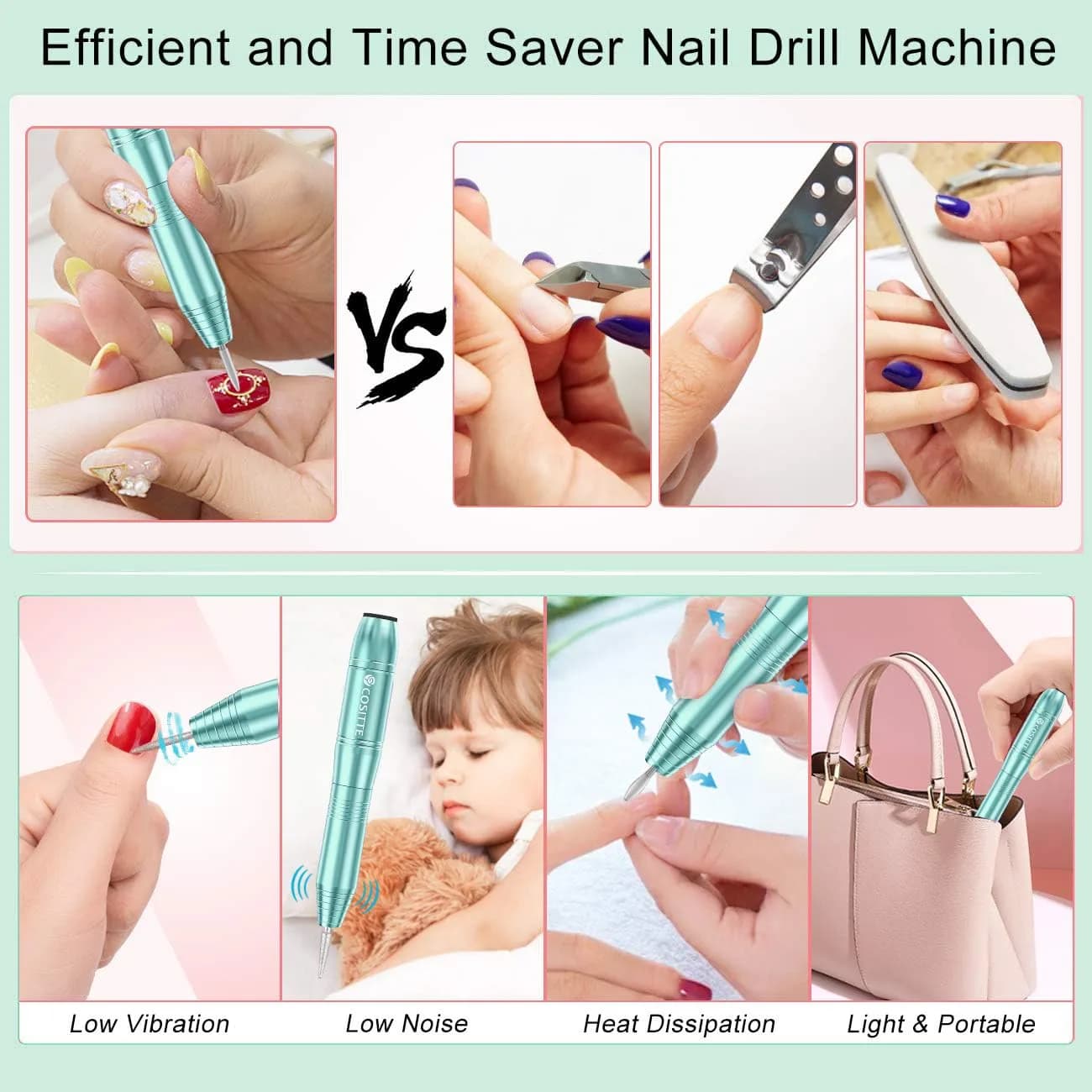 COSITTE Green Electric Nail Drill Machine with USB, Portable Efile Nail File for Acrylic Gel Polish, Home Salon Use - view 6