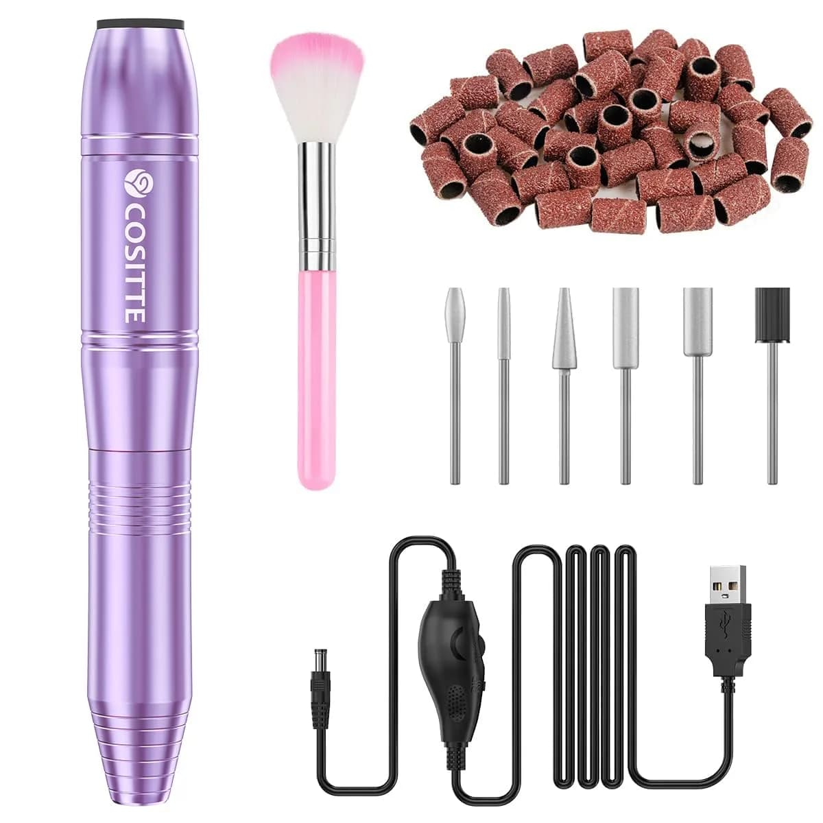COSITTE USB Nail Drill Machine for Acrylic Nail Kit, Lilac 56 Piece Set | Portable Electric Nail File for Manicure & Pedicure — Lilac