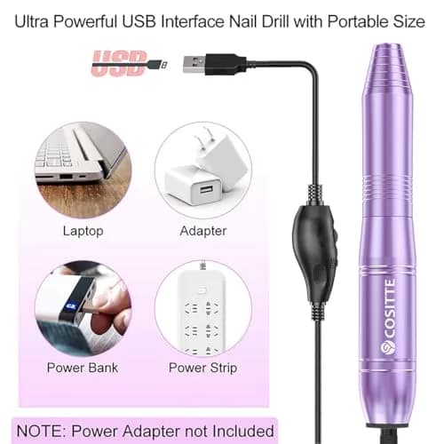 COSITTE USB Nail Drill Machine for Acrylic Nail Kit, Lilac 56 Piece Set | Portable Electric Nail File for Manicure & Pedicure thumbnail 2