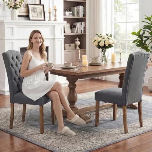 SNUGWAY Tufted Dining Chair Fabric Button Upholstered Modern Kitchen Diner Set of 2 | Elegant & Comfortable thumbnail 2