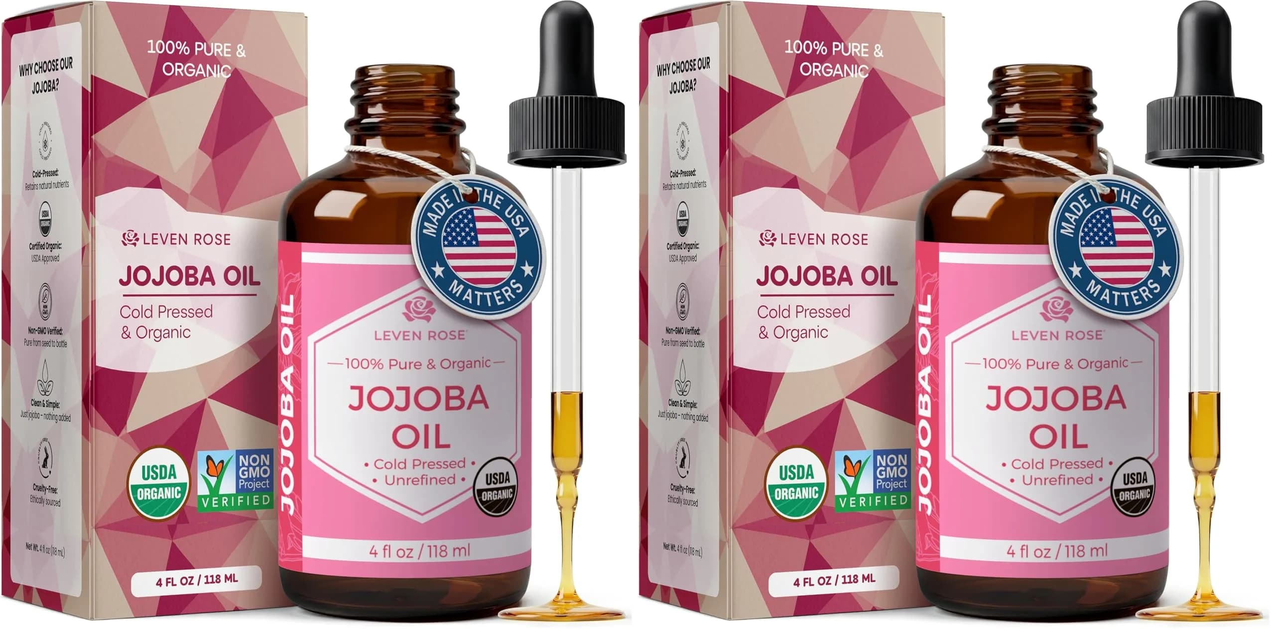 Leven Rose Organic Jojoba Oil for Skin, Hair & Nails | 237ml (8 Fl Oz) Pack of 2 — Pack of 2
