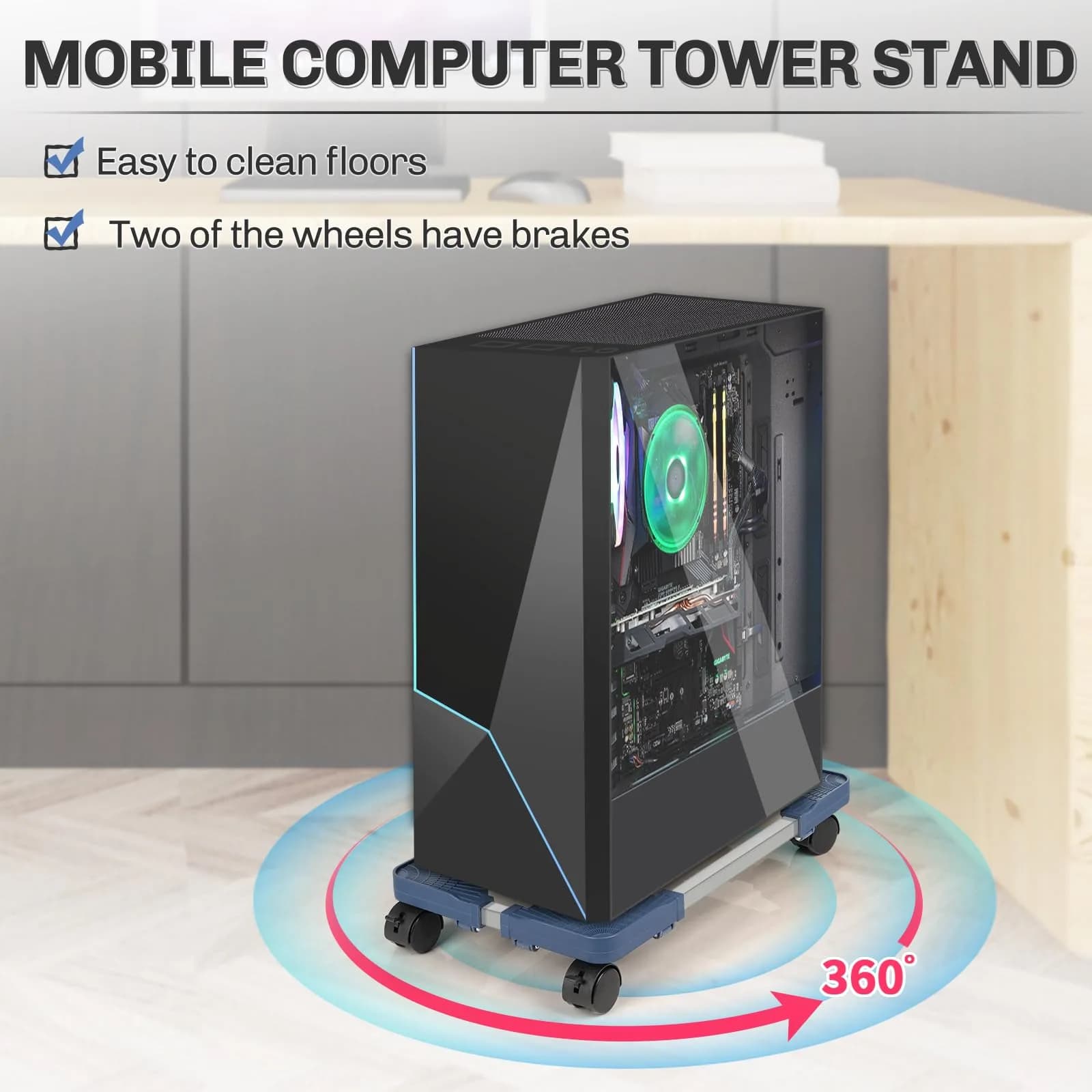 Liitrton Portable CPU Stand Adjustable PC Tower Stand Blue | Mobile Floor Cart for Office & Gaming thumbnail 3
