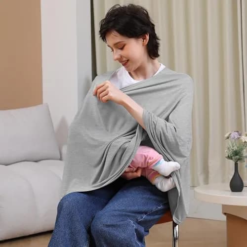 Seejoy Nursing Cover for Breastfeeding, 360° Full Coverage Poncho, Rayon Knit Grey | Breathable Fabric for Indian Climate thumbnail 5