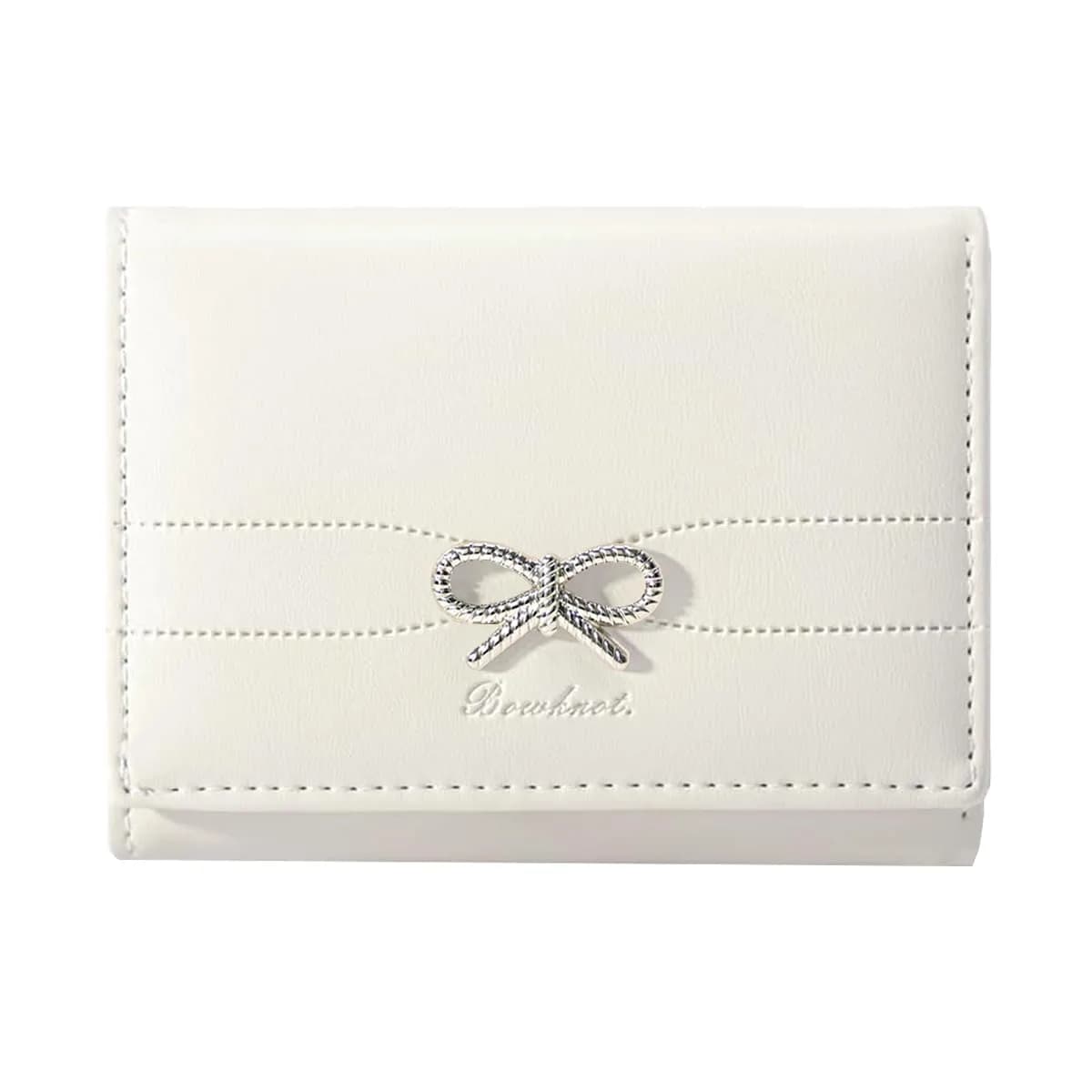 Sunwel Fashion Cute Coquette Bow Small Wallet for Women Girls | Pink & Silver Bow, Tri-Fold, 7 Card Slots — SILVER BOW CREAM