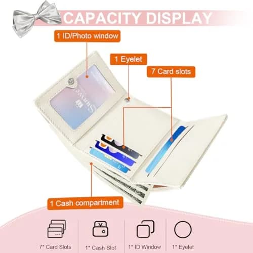 Sunwel Fashion Cute Coquette Bow Small Wallet for Women Girls | Pink & Silver Bow, Tri-Fold, 7 Card Slots thumbnail 2