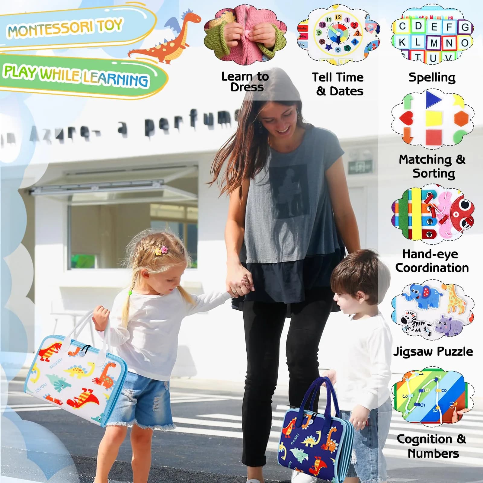 Esjay White Dinosaur Toddler Busy Board - Montessori Inspired Sensory Book for Fine Motor Skill Development - view 6