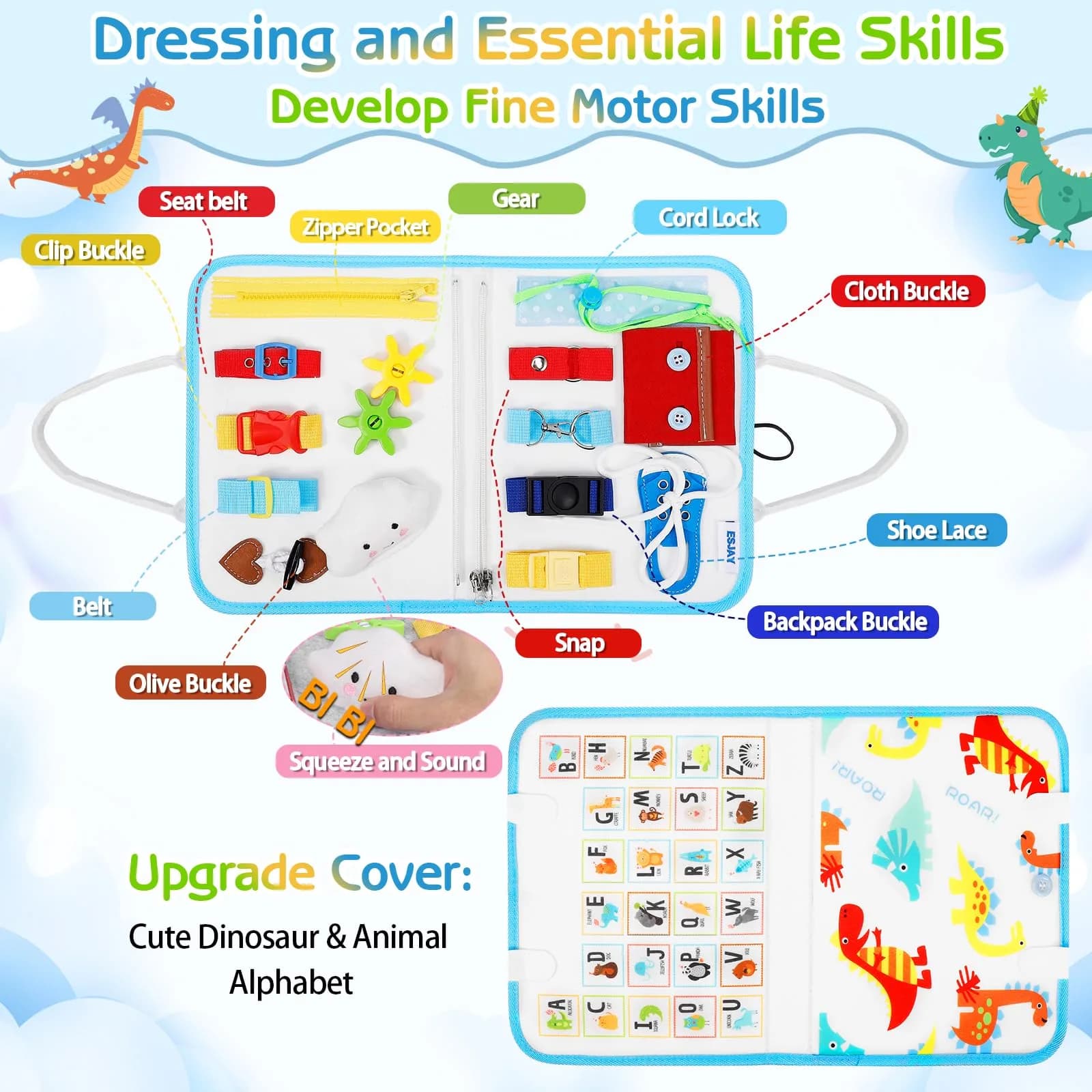 Esjay White Dinosaur Toddler Busy Board - Montessori Inspired Sensory Book for Fine Motor Skill Development - view 2