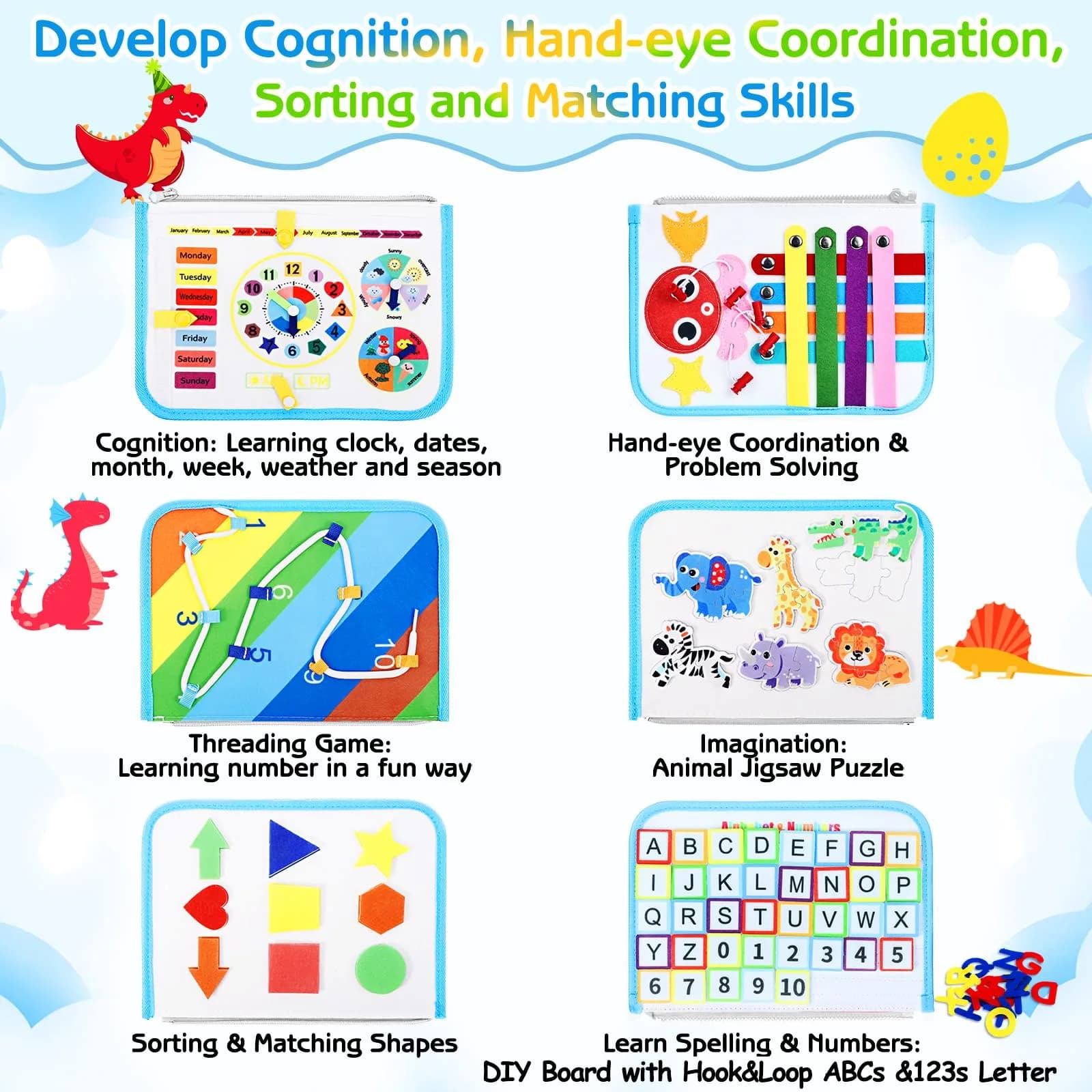 Esjay White Dinosaur Toddler Busy Board - Montessori Inspired Sensory Book for Fine Motor Skill Development - view 3