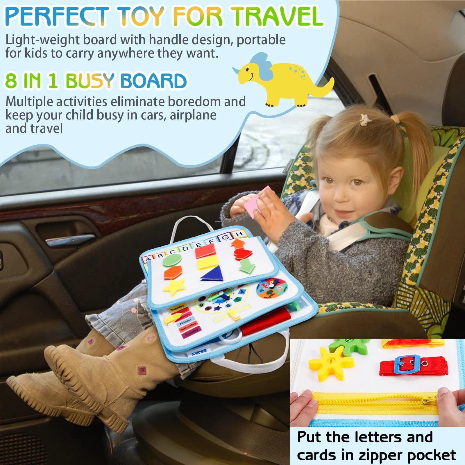 Esjay White Dinosaur Toddler Busy Board - Montessori Inspired Sensory Book for Fine Motor Skill Development - view 4
