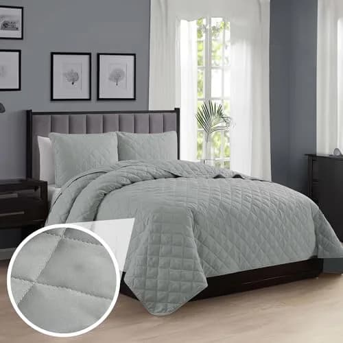 Cathay Home Microfiber Diamond-Stitch Quilt Set Twin Light Gray | All-Season Comfort & Elegance - main product image
