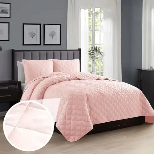 Cathay Home Basic Bedding Home Essential All Season 3PC Microfiber Diamond-Stitch Quilt Set - Rose Blush, Twin/Twin XL | Lightweight & Versatile thumbnail 1