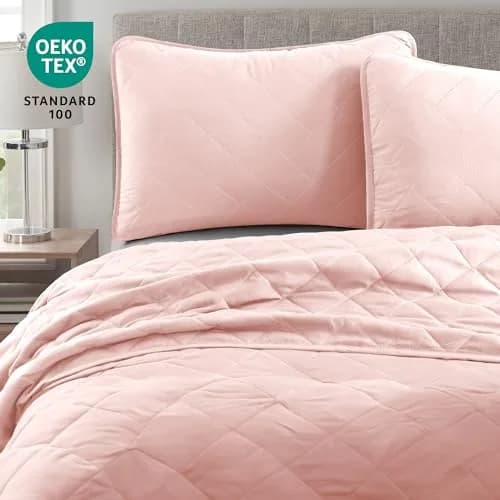 Cathay Home Basic Bedding Home Essential All Season 3PC Microfiber Diamond-Stitch Quilt Set - Rose Blush, Twin/Twin XL | Lightweight & Versatile thumbnail 6