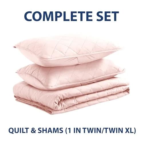 Cathay Home Basic Bedding Home Essential All Season 3PC Microfiber Diamond-Stitch Quilt Set - Rose Blush, Twin/Twin XL | Lightweight & Versatile thumbnail 2