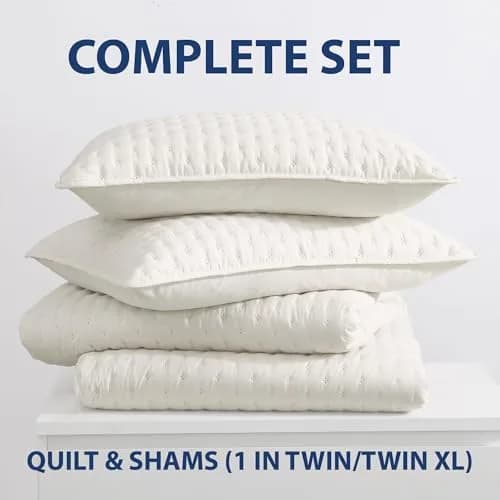 Cathay Home Basic Bedding Home Essential All Season 3PC Ultrasonic Microfiber Quatrefoil Quilt Set - Coconut Milk, Twin/Twin XL thumbnail 2