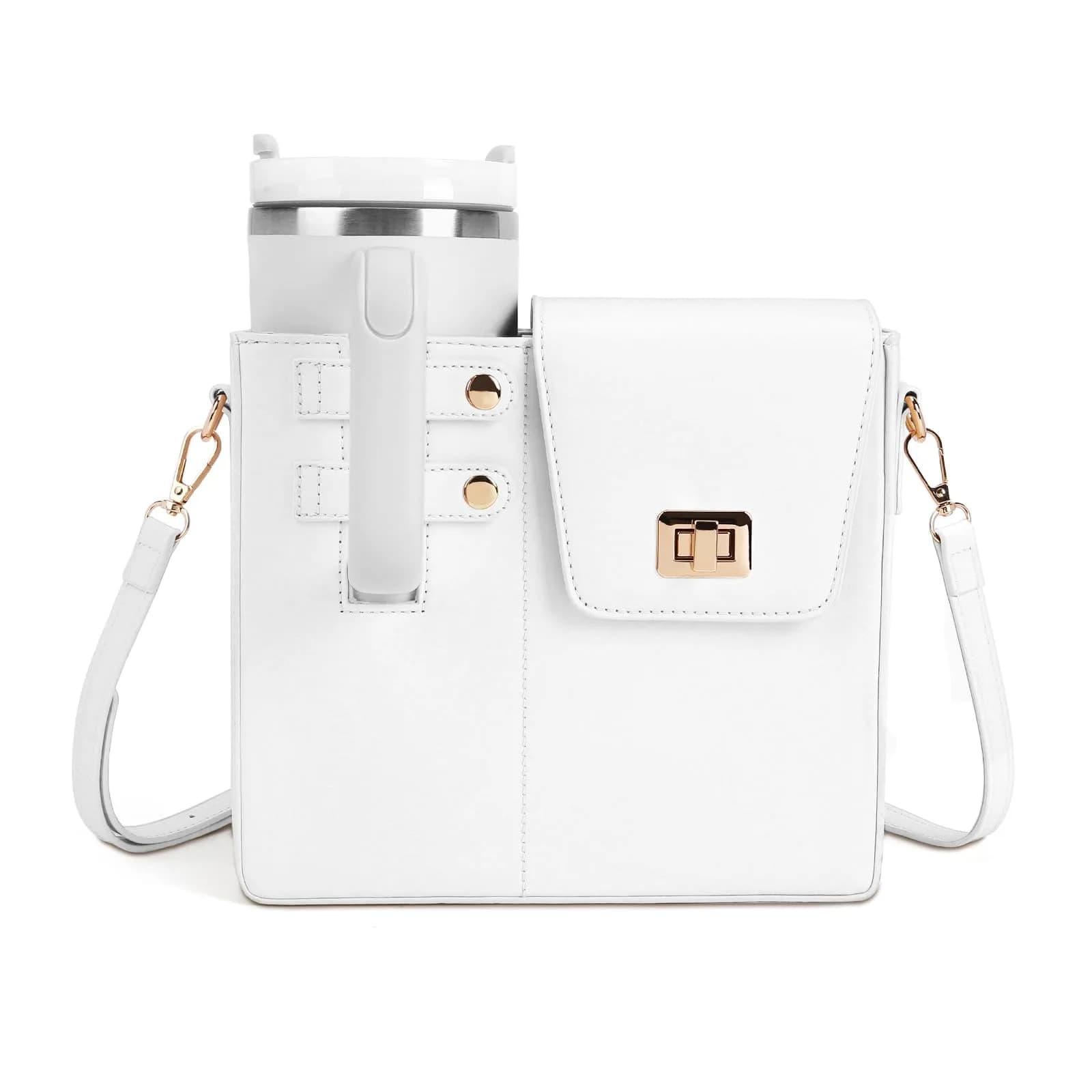 BBIQI Crossbody Water Bottle Purse for 40oz Tumbler Waterproof Faux Leather Adjustable Strap — Original-white