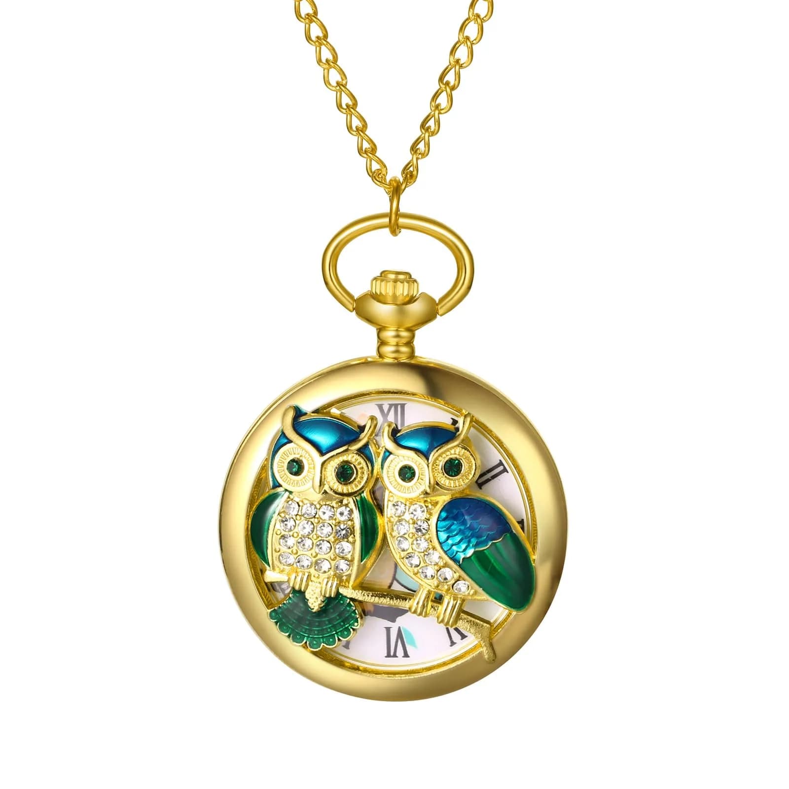 JewelryWe Unisex Gold Pocket Watch | Vintage Owl Design, Quartz, 78cm Chain, Gift-Ready — gold-green