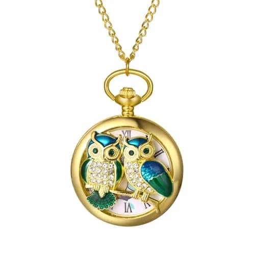 JewelryWe Unisex Gold Pocket Watch | Vintage Owl Design, Quartz, 78cm Chain, Gift-Ready thumbnail 1