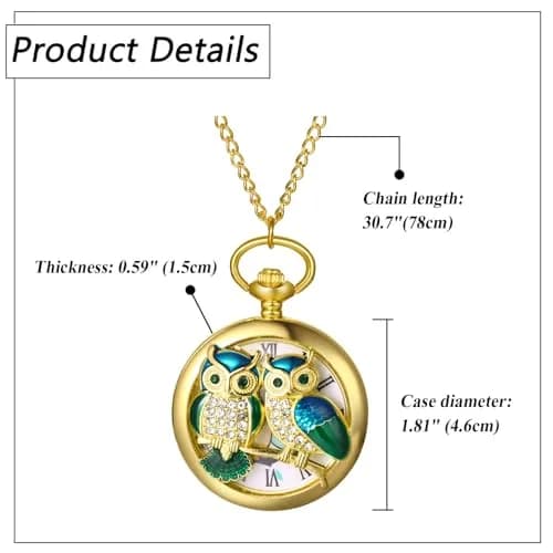 JewelryWe Unisex Gold Pocket Watch | Vintage Owl Design, Quartz, 78cm Chain, Gift-Ready thumbnail 4