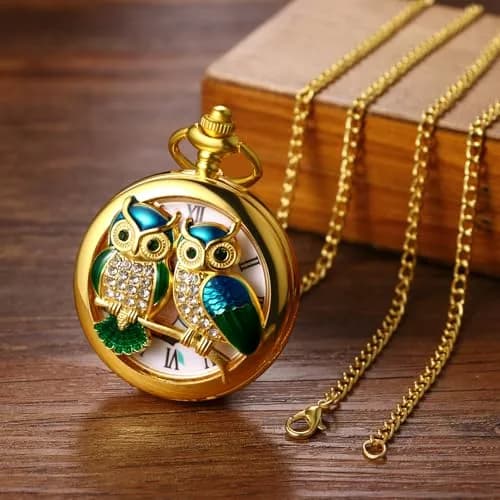 JewelryWe Unisex Gold Pocket Watch | Vintage Owl Design, Quartz, 78cm Chain, Gift-Ready thumbnail 5