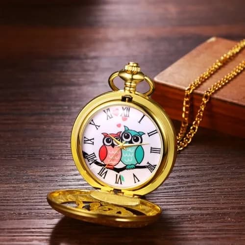 JewelryWe Unisex Gold Pocket Watch | Vintage Owl Design, Quartz, 78cm Chain, Gift-Ready thumbnail 6
