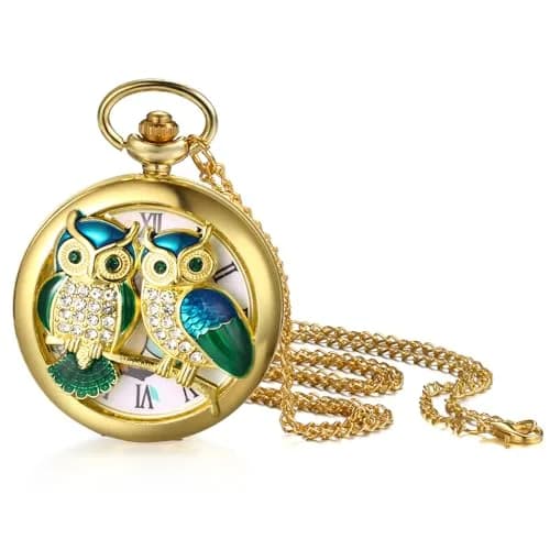 JewelryWe Unisex Gold Pocket Watch | Vintage Owl Design, Quartz, 78cm Chain, Gift-Ready thumbnail 7