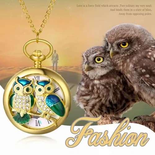 JewelryWe Unisex Gold Pocket Watch | Vintage Owl Design, Quartz, 78cm Chain, Gift-Ready thumbnail 3