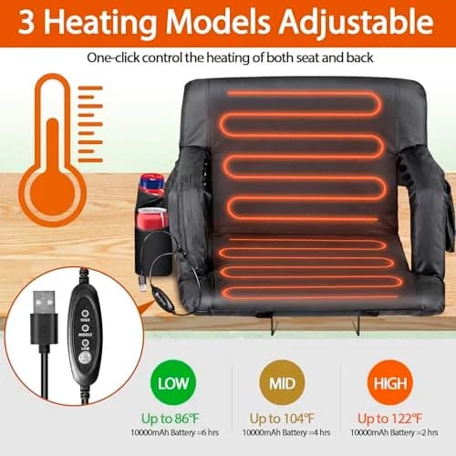 ZENY Heated Stadium Seat for Bleacher with Back Support 25 Inch | Cushioned, Heated, Armrests thumbnail 5
