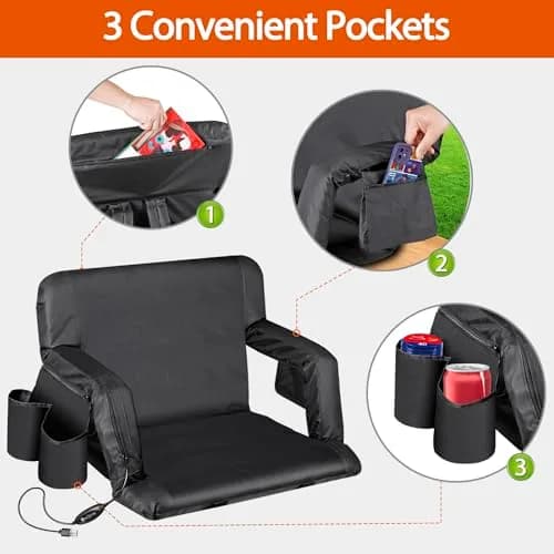 ZENY Heated Stadium Seat for Bleacher with Back Support 25 Inch | Cushioned, Heated, Armrests thumbnail 3